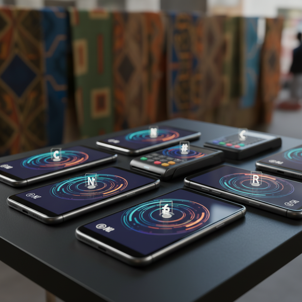 A close-up, photographic image of a cluster of unbranded smartphones and contactless payment terminals on a dark matte counter, each screen displaying abstract, colorful fintech interface graphics without any readable text. Subtle West and East African currency symbols appear only as icons, not letters. A blurred background suggests a contemporary urban African market with geometric patterns and muted fabric colors, kept intentionally out of focus. Overhead LED lighting creates crisp highlights along the metallic edges of the devices and soft shadows beneath them. Captured from a slightly elevated angle with shallow depth of field, the composition feels dynamic and secure, emphasizing Africa’s cashless future and fintech innovation in a clean, modern style.