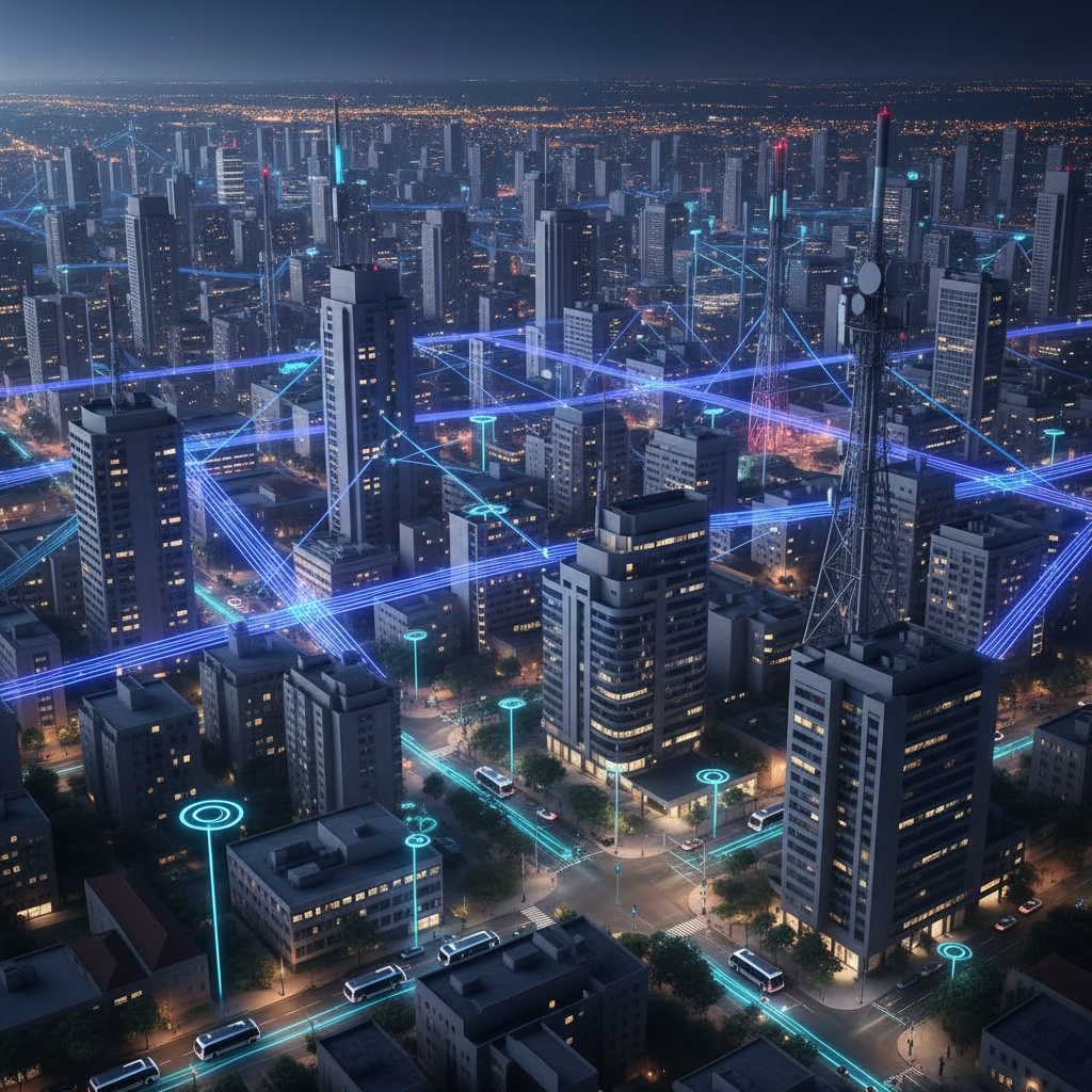 A night-time, photographic cityscape of a major African metropolis transformed into a smart city, with illuminated fiber-optic cables and glowing, abstract network lines subtly woven between high-rise buildings and telecom masts. Street-level details show connected infrastructure: autonomous, unbranded electric minibuses, smart traffic lights, and sensor-equipped street lamps, all stylized without logos or text. Cool blue and violet tones dominate, contrasted by warm golden windows. Shot from a high aerial perspective with sharp focus, the scene feels expansive, futuristic, and data-driven, suggesting advanced connectivity and 5G networks across the continent while remaining grounded in authentic urban architecture rather than generic skylines.