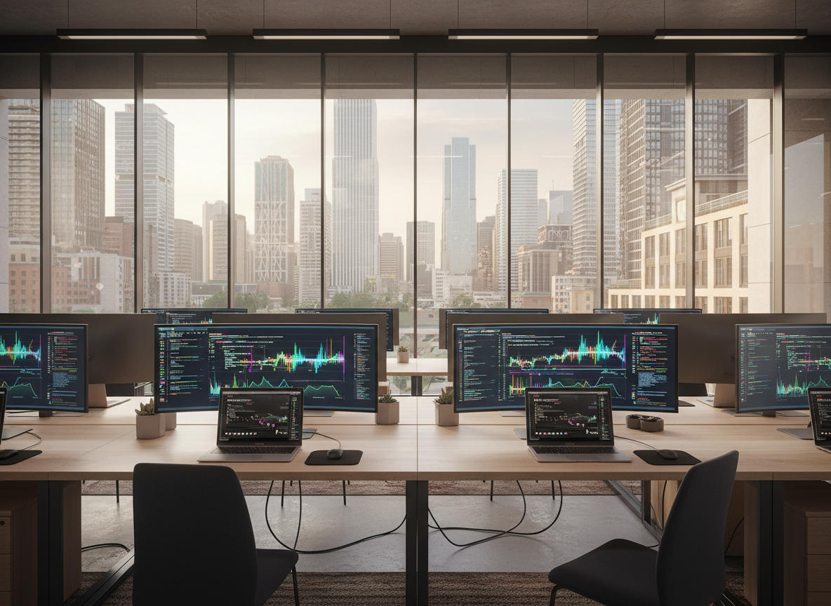 A sleek, glass-walled African tech hub rendered in photographic realism, with rows of unbranded, high-end laptops and large OLED monitors glowing with colorful data dashboards and code. The devices rest on long, light-wood desks with neatly arranged cables and minimalist accessories. Outside the expansive windows, a modern African city skyline with a mix of contemporary towers and subtle local architectural patterns stretches into the distance. Soft, diffused afternoon light washes into the space, creating gentle reflections on the screens and polished floor. Shot at eye level with a wide-angle lens, sharp focus throughout, the mood is professional, forward-looking, and energetic, perfectly conveying pan-African digital innovation without any human figures or visible text.